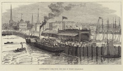 Southampton Pier, met de Isle of Wight stoomboot (gravure) door English School