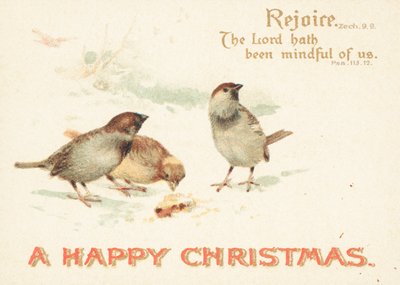 Mussen in de sneeuw, kerstkaart door English School