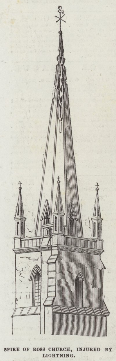 Spits van de Ross-kerk, beschadigd door bliksem door English School