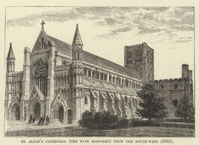 St Albans Kathedraal, het schip gerestaureerd, vanuit het zuidwesten, 1885 door English School