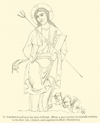 St Dunstan knielt aan de voeten van Christus, uit een pentekening van hemzelf, bestaande in de Bod Lib, Oxford, en gegraveerd in Hick