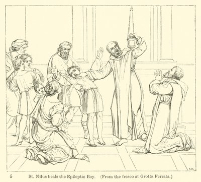 St. Nilus geneest de epileptische jongen, naar de fresco in Grotta Ferrata door English School