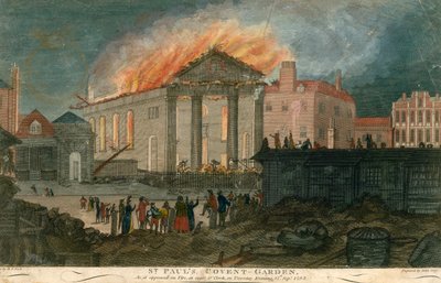 St. Pauls Church, Covent Garden, Londen, zoals het verscheen in brand om 8 uur op de avond van 17 september 1795 door English School