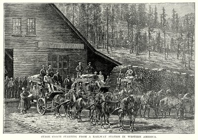 Postkoets vertrekkend van een spoorwegstation in West-Amerika (gravure) door English School