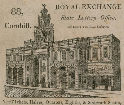 Staatsloterijkantoor, oosthoek van de Royal Exchange, 88 Cornhill, Londen door English School