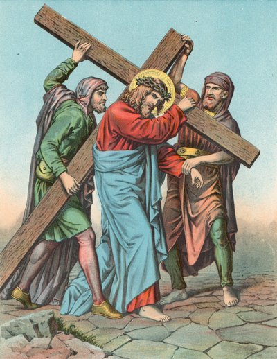 Station V Christus geholpen door Simon de Cyrene om het kruis te dragen door English School