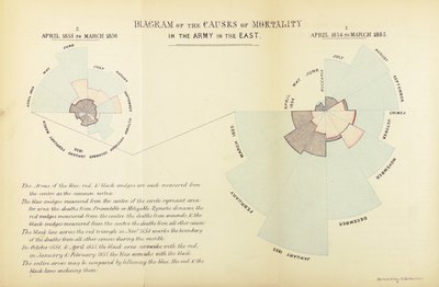 Statistische grafiek uitgevonden door Florence Nightingale om de overheersing van ziekte als doodsoorzaak in het Britse leger tijdens de Krimoorlog te tonen, april 1854 tot maart 1855 en april 1855 tot mei door English School