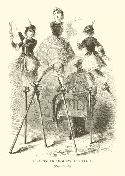 Straatartiesten op stelten (gravure) door English School