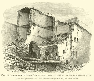 Straatbeeld in Polla (het oude Forum Popilii), na de aardbeving van 1857 door English School