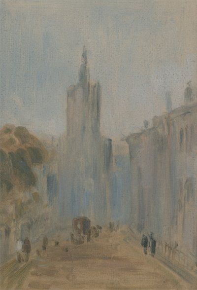 Straat met kerk en figuren door English School