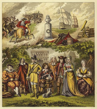 Stuarts, Gemenebest en Huis van Oranje; Koning Jacobus I, Koning Karel I, Oliver Cromwell, Koning Karel II, Koning Jacobus II, Willem en Maria, Koningin Anna door English School