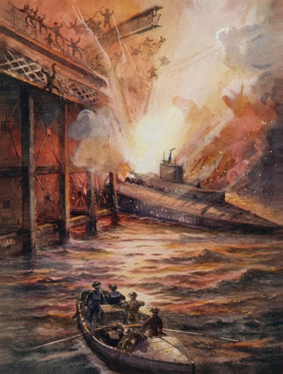 Onderzeeër C3, gevuld met explosieven, bestormt de pier bij Zeebrugge door English School