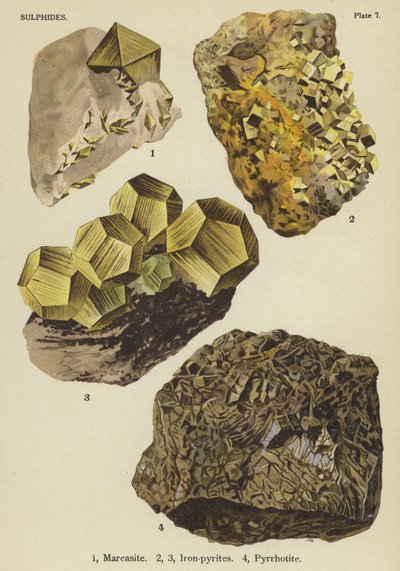 Sulfiden, marcasiet, ijzer-pyrieten, pyrrhotiet (kleurenlitho) door English School
