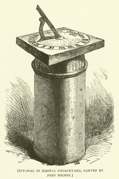 Zonnewijzer op het kerkhof van Birstal, gesneden door John Nelson (gravure) door English School