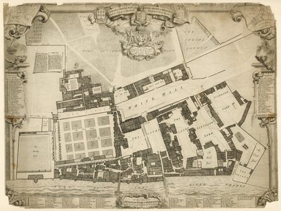 Onderzoek en grondplan van het Koninklijk Paleis van Whitehall, 1680, met de verblijven en appartementen van hun Majesteiten door English School