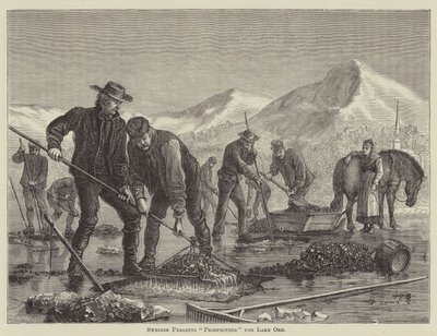 Zweedse boeren "op zoek" naar erts uit het meer (gravure) door English School