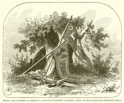 Zwaard en dolk van James IV, en twee ridders banieren, gebruikt in de Slag bij Flodden Field door English School