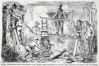Tableau, die verdere verbeteringen aan het huis van Mr. Briggs vertegenwoordigt - vernietiging van de muur die de salon van de gang scheidt, illustratie uit Punch door English School
