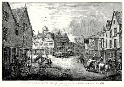 Tetbury Market-Place, met het oude markthuis (nu verwoest), gebouwd in 1655 (gravure) door English School