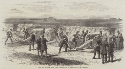 De 2e Surrey Artillery Volunteers bij oefening in Plumstead (gravure) door English School