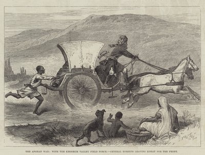 De Afghaanse Oorlog, met de Khoorum Valley Veldmacht, Generaal Roberts vertrekt van Kohat naar het Front (gravure) door English School