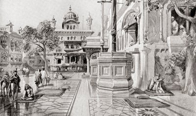 De Akal Takht of Akal Bunga, Harmandir Sahib (Gouden Tempel) complex, Amritsar, Punjab, India in 1864, uit Hutchinson