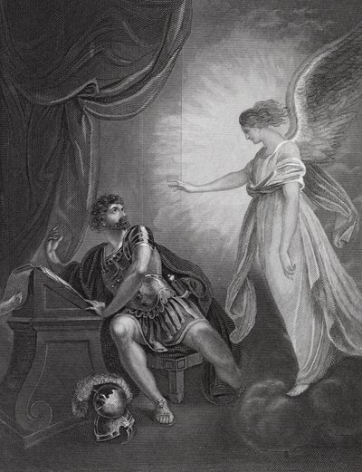 De engel die aan Cornelius verschijnt, Handelingen, Hoofdstuk 10, vers 4 (gravure) door English School