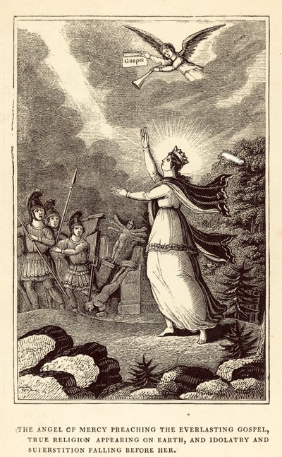 De engel van barmhartigheid predikt het eeuwige evangelie, ware religie verschijnt op aarde (gravure) door English School