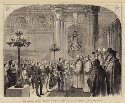 De Anglicaanse Huwelijksceremonie in de Alexanderzaal van het Winterpaleis, St. Petersburg (gravure) door English School