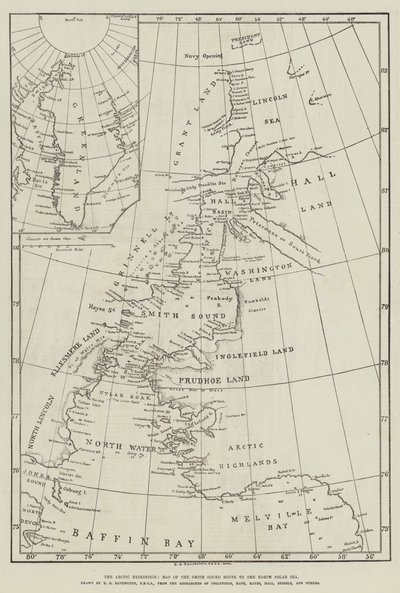 De Arctische Expeditie, kaart van de Smith Sound-route naar de Noordpoolzee (gravure) door English School