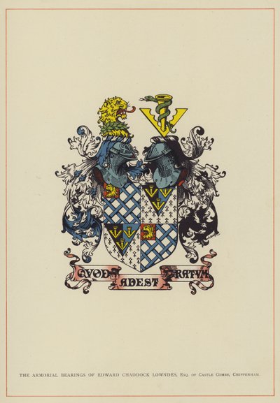 De wapenschilden van Edward Chaddock Lowndes, Esquire van Castle Combe, Chippenham (kleurenlitho) door English School
