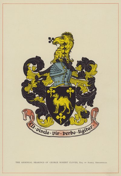 De wapenschilden van George Robert Clover, Esquire van Ramle, Birkenhead (kleurenlitho) door English School