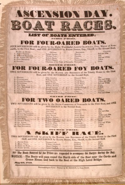 Het programma van de Hemelvaartsdag bootrace, 6 mei 1850 door English School
