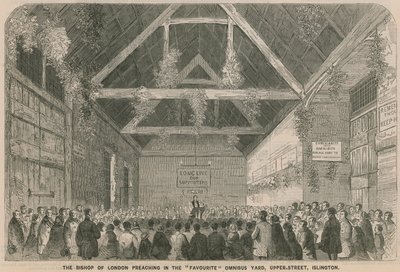 De bisschop van Londen preekt in de favoriete omnibuswerf, Upper Street, Islington door English School