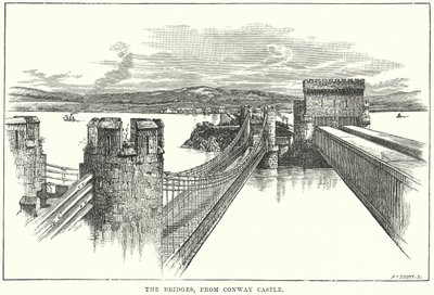 De bruggen, vanaf Conway Castle (gravure) door English School