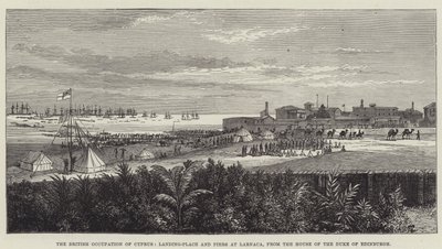 De Britse bezetting van Cyprus, aanlegplaats en pieren bij Larnaca, vanuit het huis van de hertog van Edinburgh (gravure) door English School