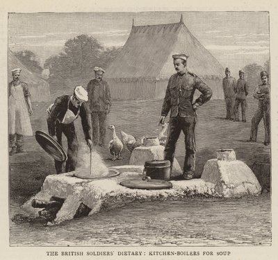 Het dieet van de Britse soldaten, keukenketels voor soep (gravure) door English School