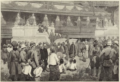 De boeddhistische aartsbisschop van Birma ontvangt Sir Frederick Roberts in het klooster in Mandalay door English School