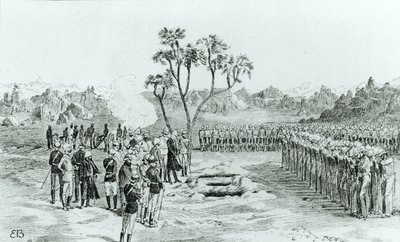 De begrafenis van generaal Earle en kolonels Eyre en Coveney in Kirbekan, uit De Campagne van de Cataracten door generaal William Francis Butler, gepubliceerd 1887 door English School