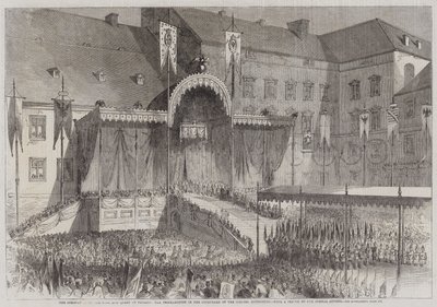De Kroning van de Koning en Koningin van Pruisen, de Proclamatie op de Binnenplaats van het Slot, Koningsberg door English School