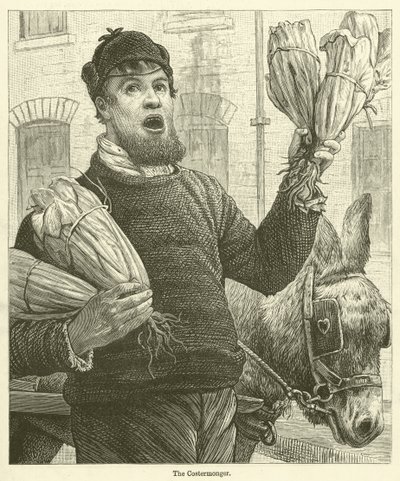De kostenhandelaar (gravure) door English School