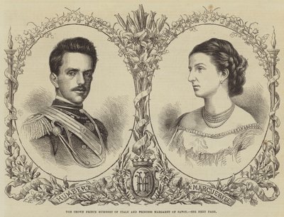De Kroonprins Humbert van Italië en Prinses Margaret van Savoye (gravure) door English School