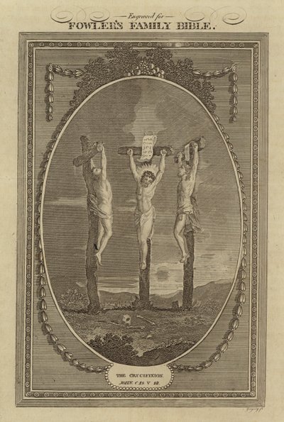 De Kruisiging, Johannes, Hoofdstuk 19, Vers 18 (gravure) door English School