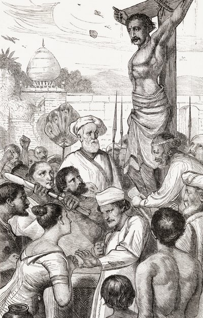 De Kruisiging van een Karen Martelaar uit Birma, ca. 1865 door English School