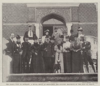 Het bezoek van de tsaar aan Denemarken, een koninklijke groep in Smidstrup, de buitenverblijf van de koning van Griekenland (gravure) door English School
