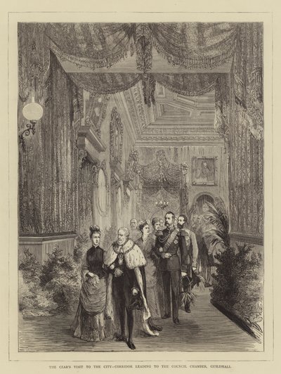 Het Bezoek van de Tsaar aan de Stad, Gang naar de Raadzaal, Guildhall (gravure) door English School