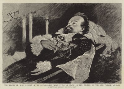 De dood van koning Ludwig II van Beieren, de koning opgebaard in de kapel van het oude paleis, München door English School