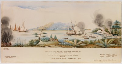 De vernietiging van het piratenhol van Carang Carang aan de noordoostkant van het eiland Sulu door de boten van H.M.S. Nassau in 1872 door English School