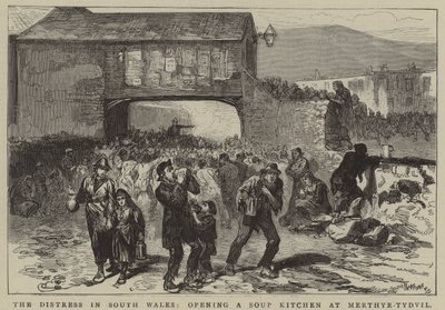 De nood in Zuid-Wales, het openen van een soepkeuken in Merthyr-Tydvil (gravure) door English School