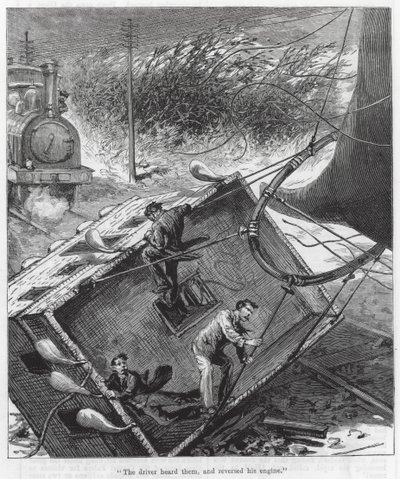 "De Machinist hoorde ze en keerde zijn Motor om" (gravure) door English School
